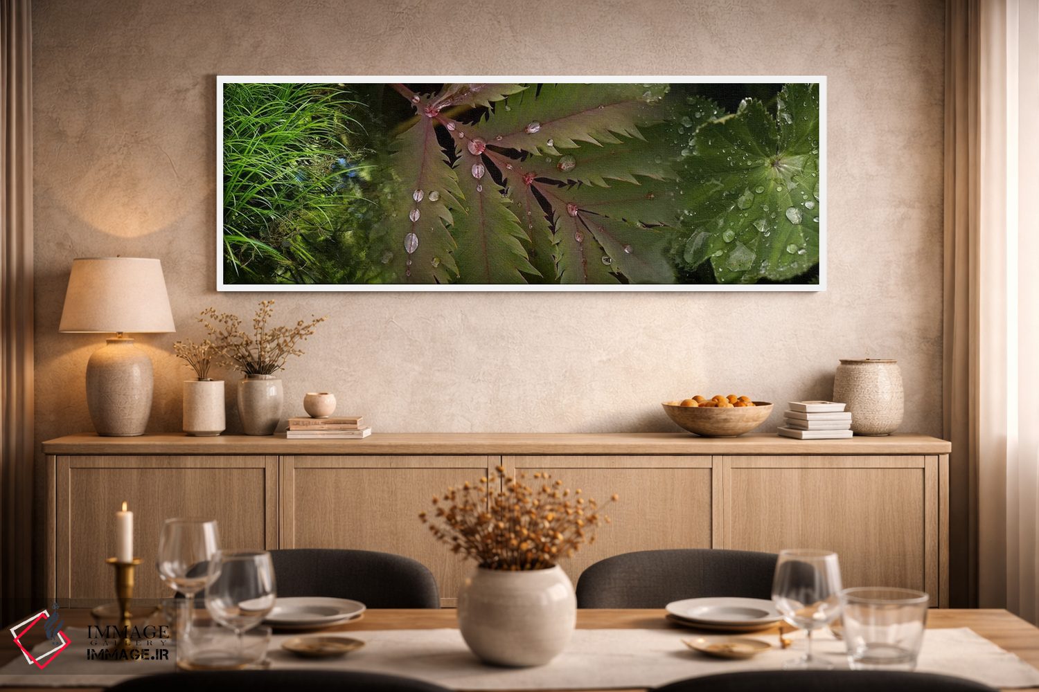 تابلو دکوراتیو نمای نزدیک از برگ ها با قطرات آب اثر پانورامیک ایمجز - D1W