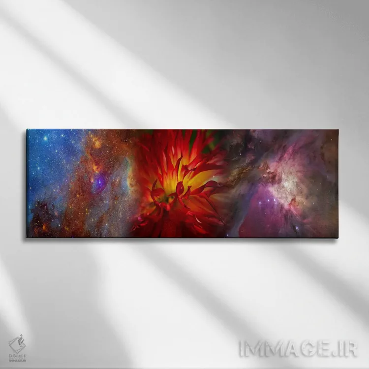 تابلو دکوراتیو کهکشان هابل با گل داوودی قرمز اثر پانورامیک ایمجز - نمای روبهرو روی دیوار
