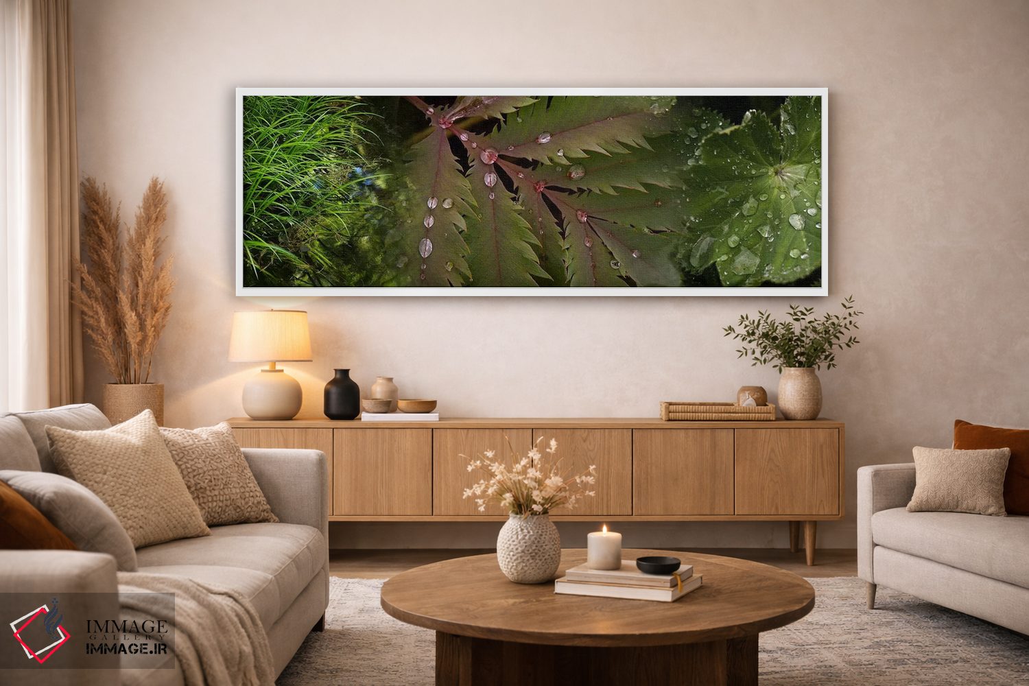 تابلو دکوراتیو نمای نزدیک از برگ ها با قطرات آب اثر پانورامیک ایمجز - D3W