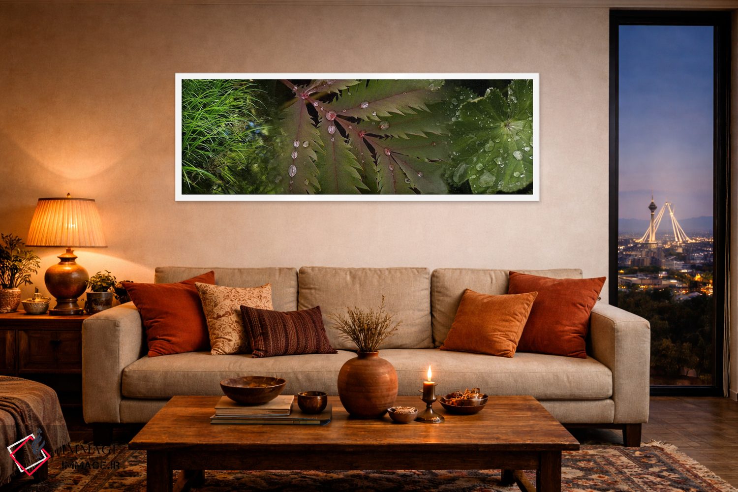 تابلو دکوراتیو نمای نزدیک از برگ ها با قطرات آب اثر پانورامیک ایمجز - D4W