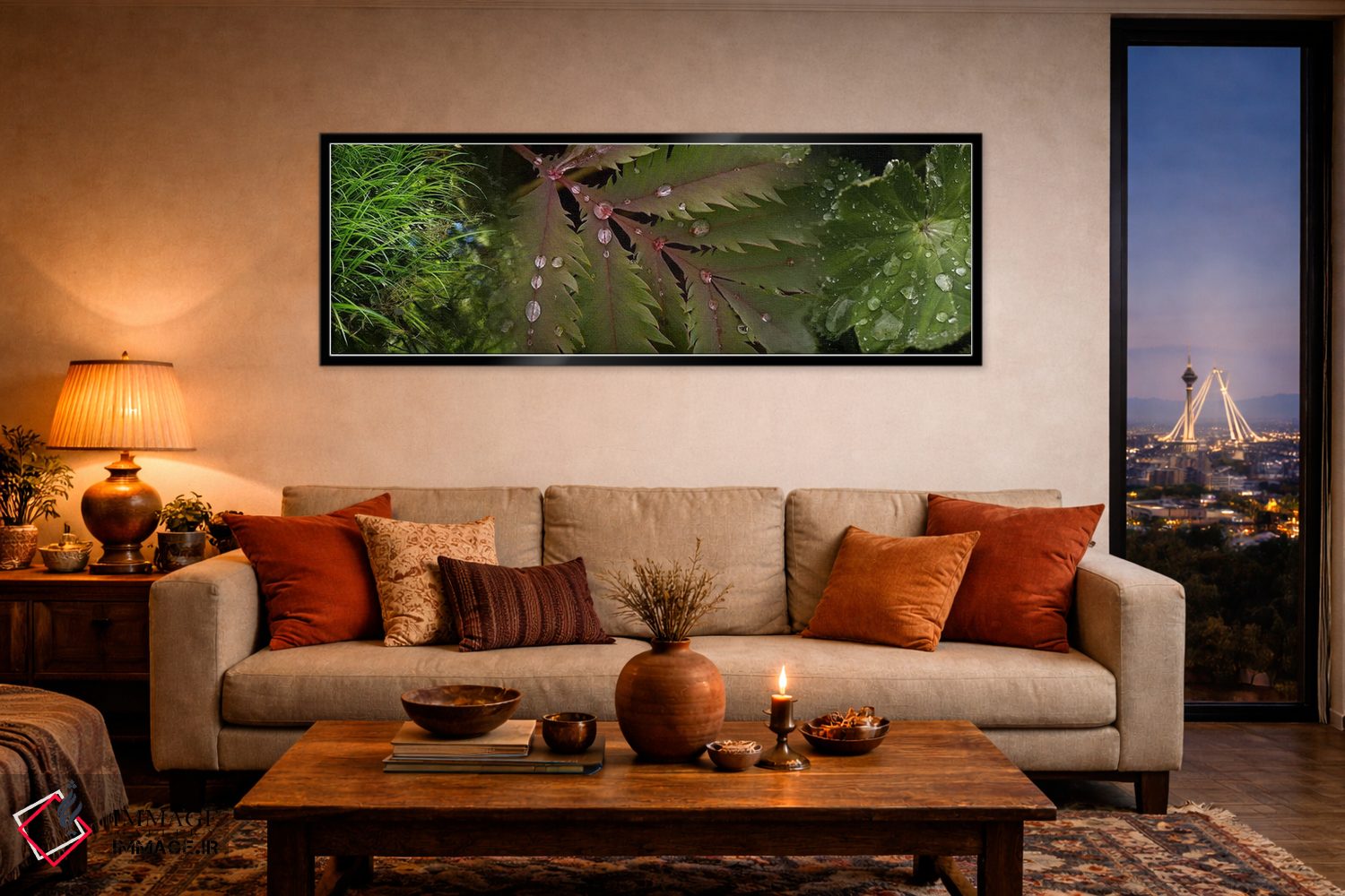 تابلو دکوراتیو نمای نزدیک از برگ ها با قطرات آب اثر پانورامیک ایمجز - D6B