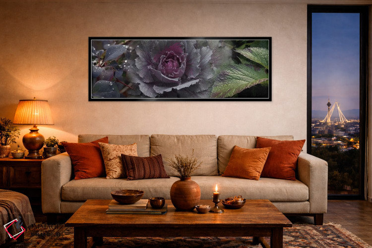 تابلو دکوراتیو نمای نزدیک از برگ ها و کلم تزیینی با قطرات آب اثر پانورامیک ایمجز - D5B