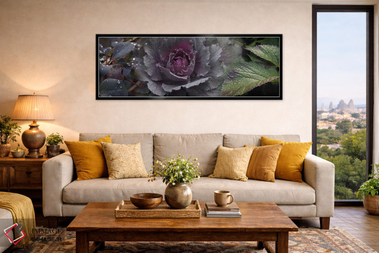 تابلو دکوراتیو نمای نزدیک از برگ ها و کلم تزیینی با قطرات آب اثر پانورامیک ایمجز - D6B