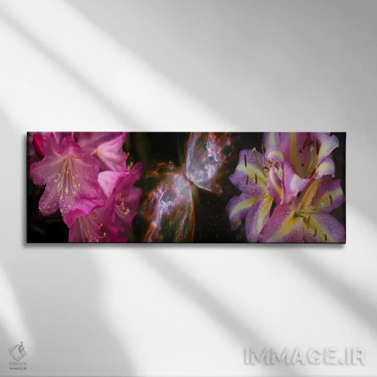 تابلو دکوراتیو سحابی پروانه با گل زنبق و گل های صورتی اثر پانورامیک ایمجز - نمای روبهرو روی دیوار