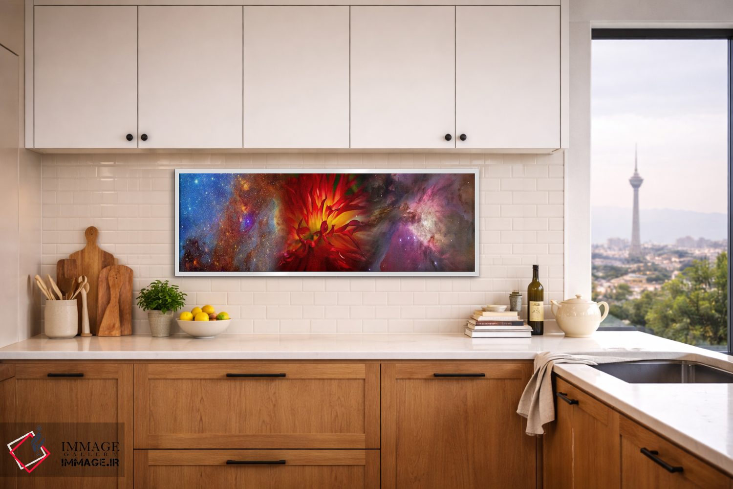 تابلو دکوراتیو کهکشان هابل با گل داوودی قرمز اثر پانورامیک ایمجز - D2W