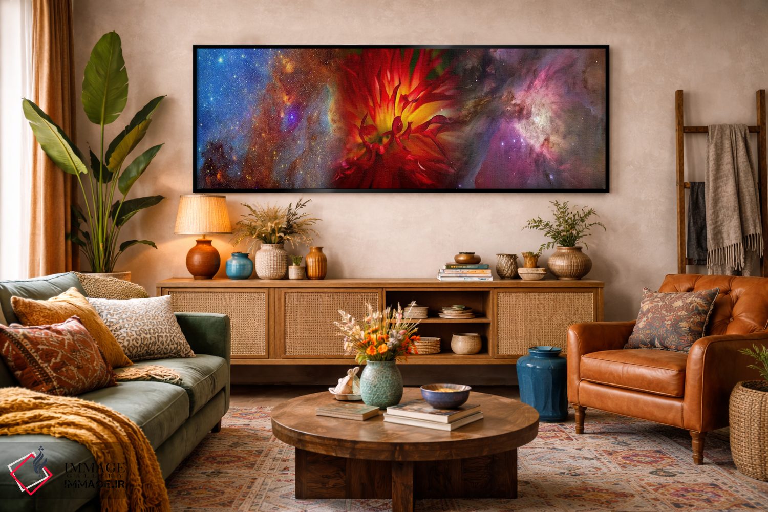 تابلو دکوراتیو کهکشان هابل با گل داوودی قرمز اثر پانورامیک ایمجز - D3B