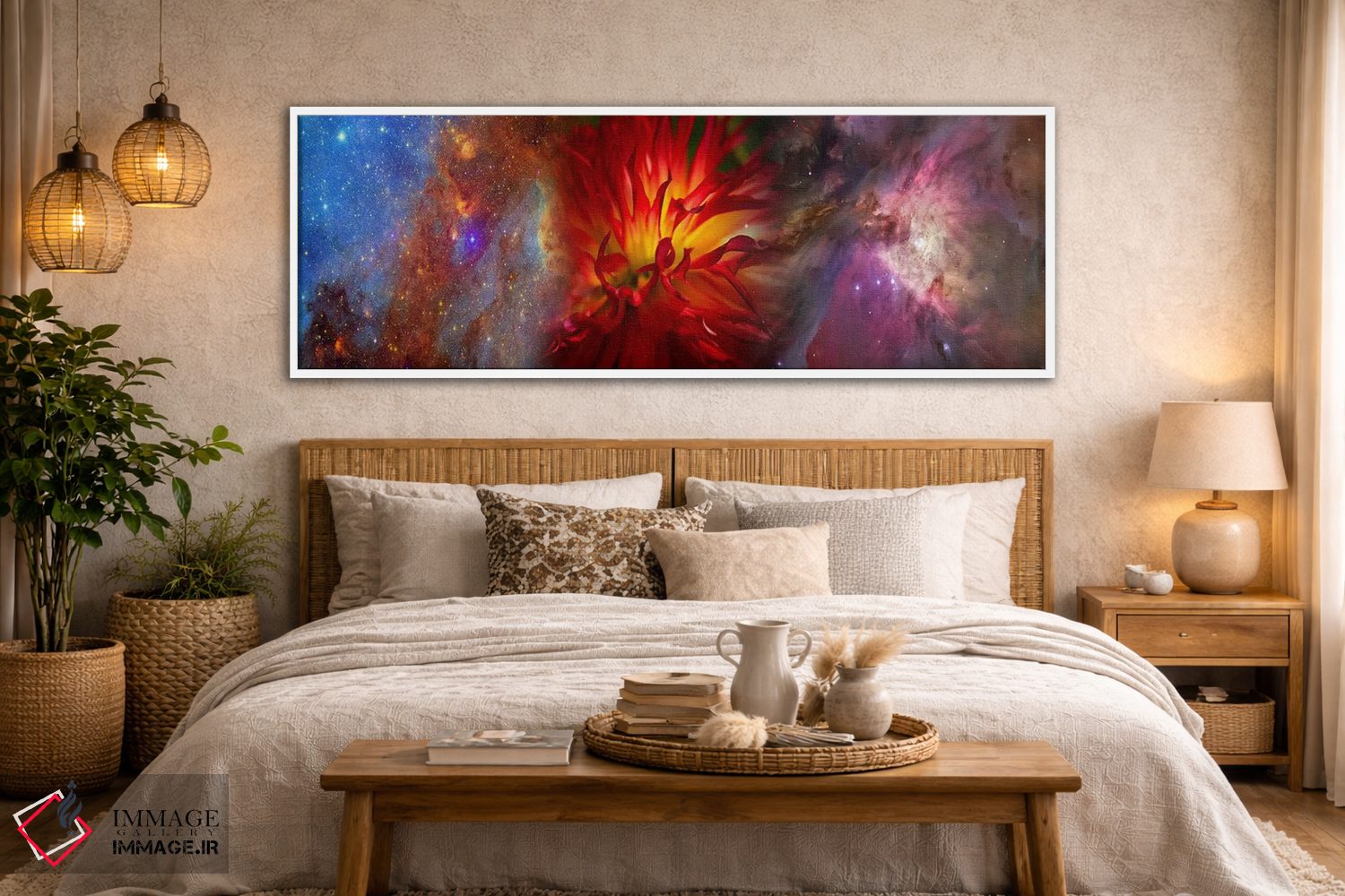 تابلو دکوراتیو کهکشان هابل با گل داوودی قرمز اثر پانورامیک ایمجز - D5W