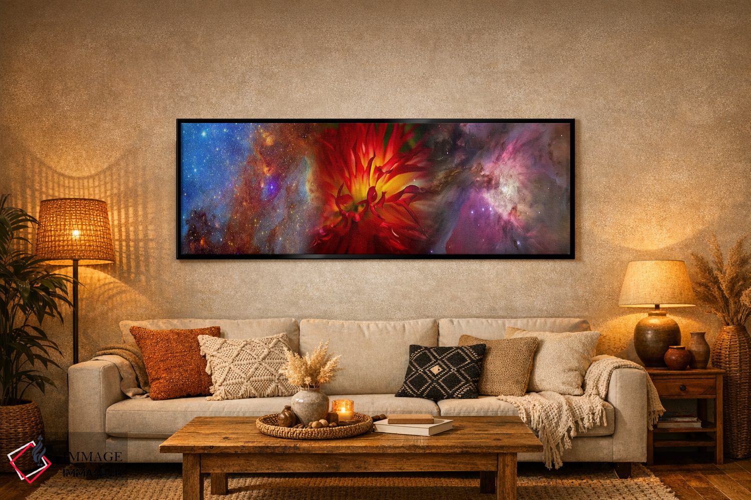 تابلو دکوراتیو کهکشان هابل با گل داوودی قرمز اثر پانورامیک ایمجز - D6B