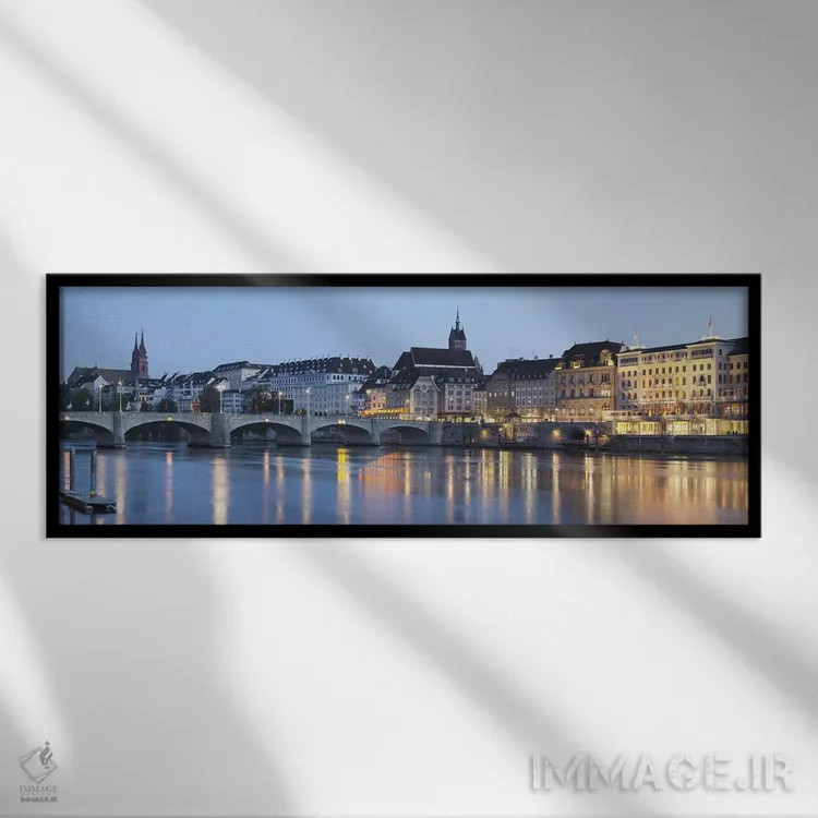 تابلو دکوراتیو Basel, Switzerland,پل میتلره راین بروکه با شهر قدیمی گر… اثر پانورامیک ایمجز - نمای قابدار مشکی