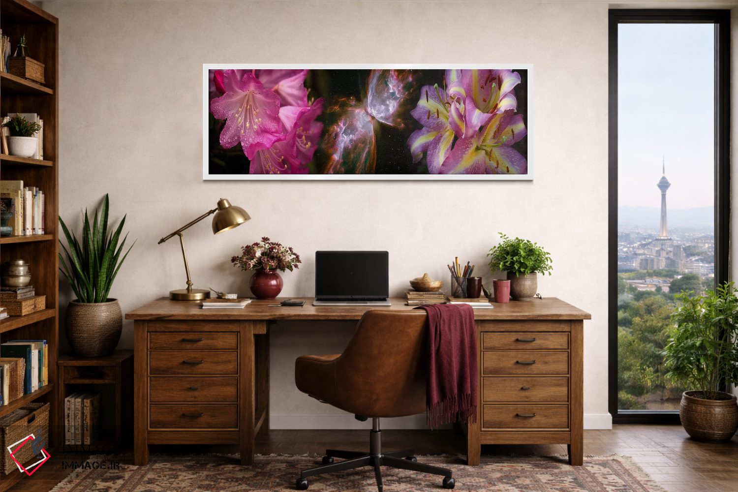 تابلو دکوراتیو سحابی پروانه با گل زنبق و گل های صورتی اثر پانورامیک ایمجز - D1W