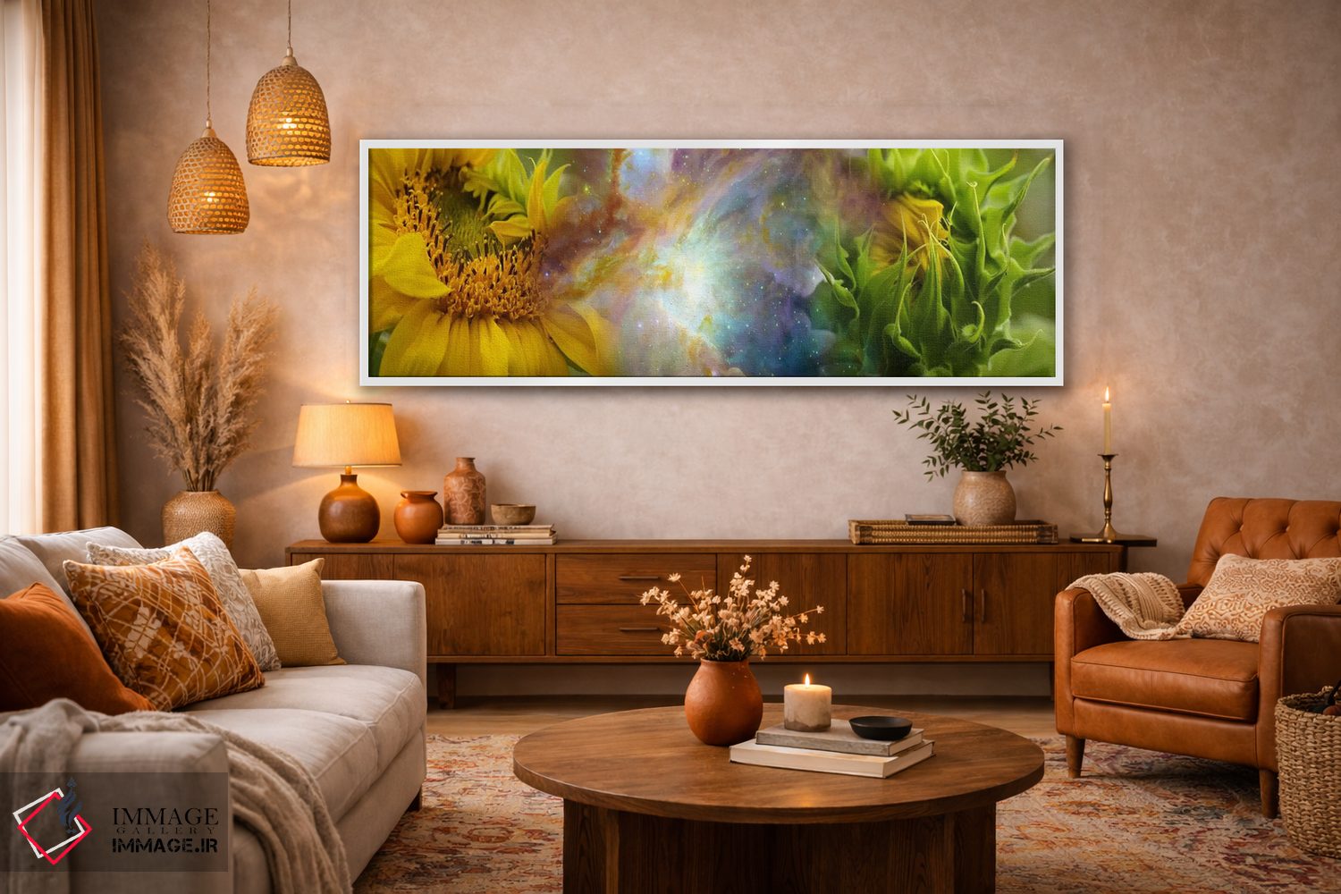 تابلو دکوراتیو دو گل آفتابگردان با سحابی گازی اثر پانورامیک ایمجز - D4W