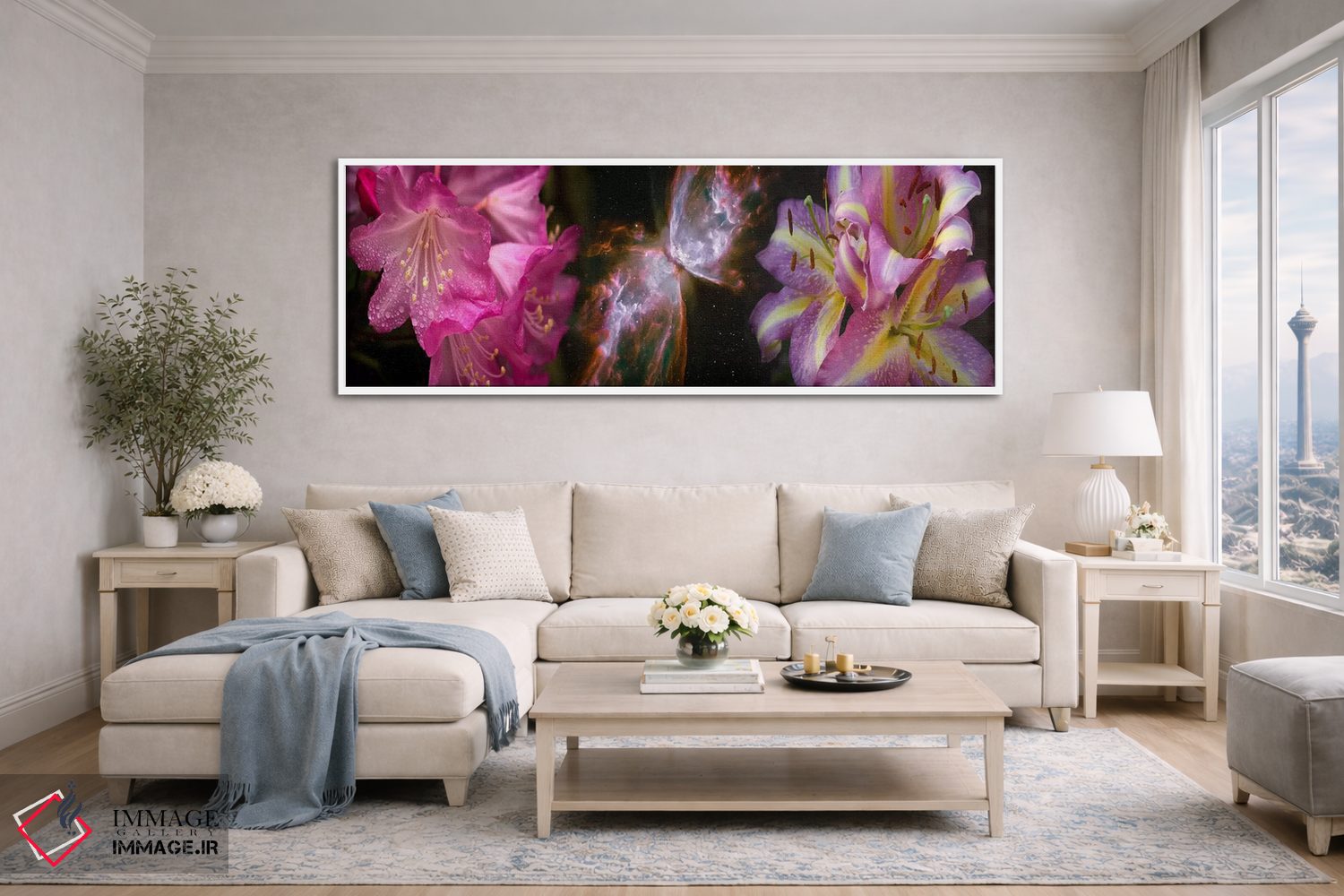 تابلو دکوراتیو سحابی پروانه با گل زنبق و گل های صورتی اثر پانورامیک ایمجز - D4W