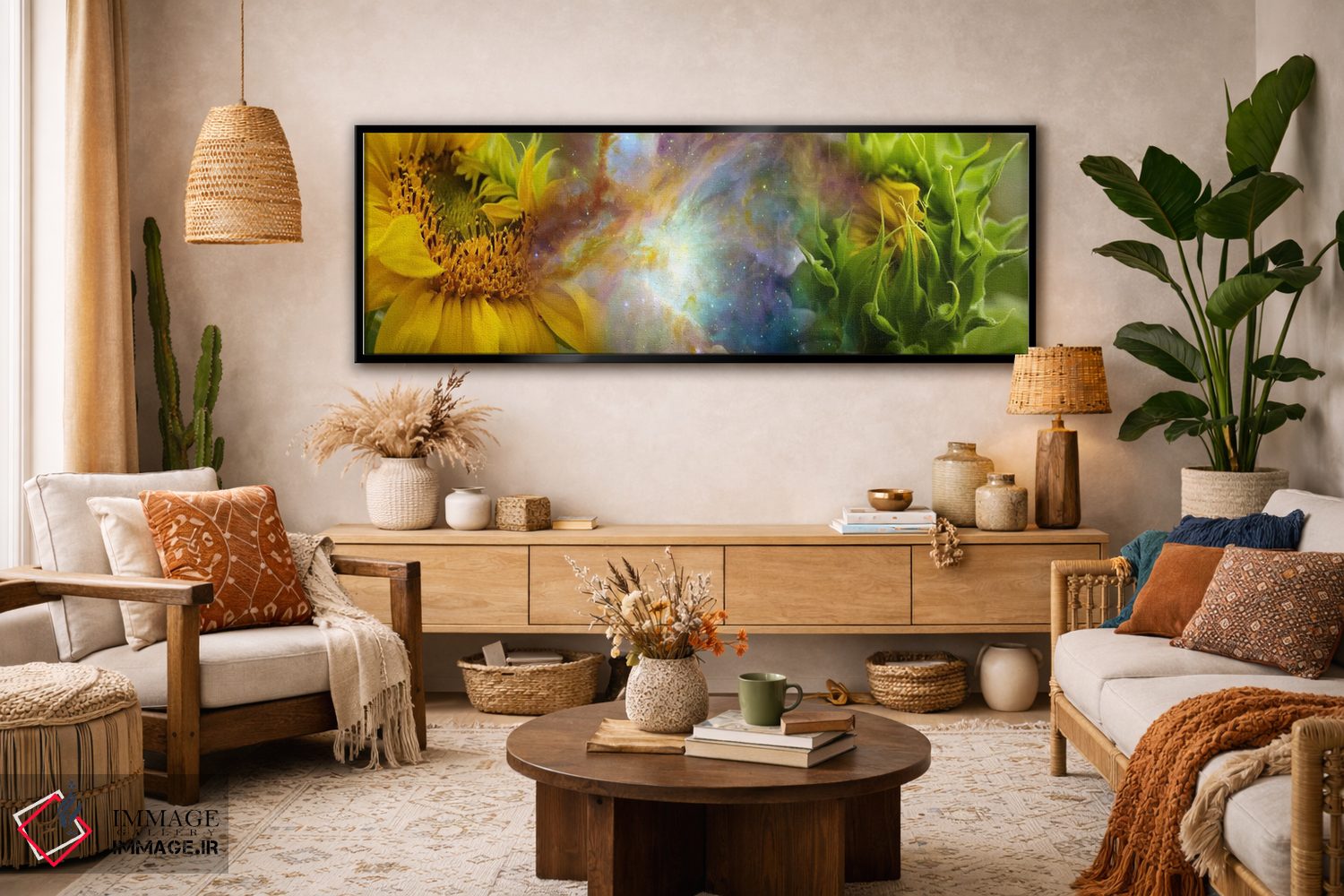تابلو دکوراتیو دو گل آفتابگردان با سحابی گازی اثر پانورامیک ایمجز - D3B