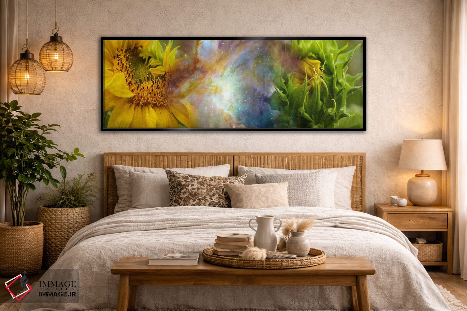 تابلو دکوراتیو دو گل آفتابگردان با سحابی گازی اثر پانورامیک ایمجز - D5B