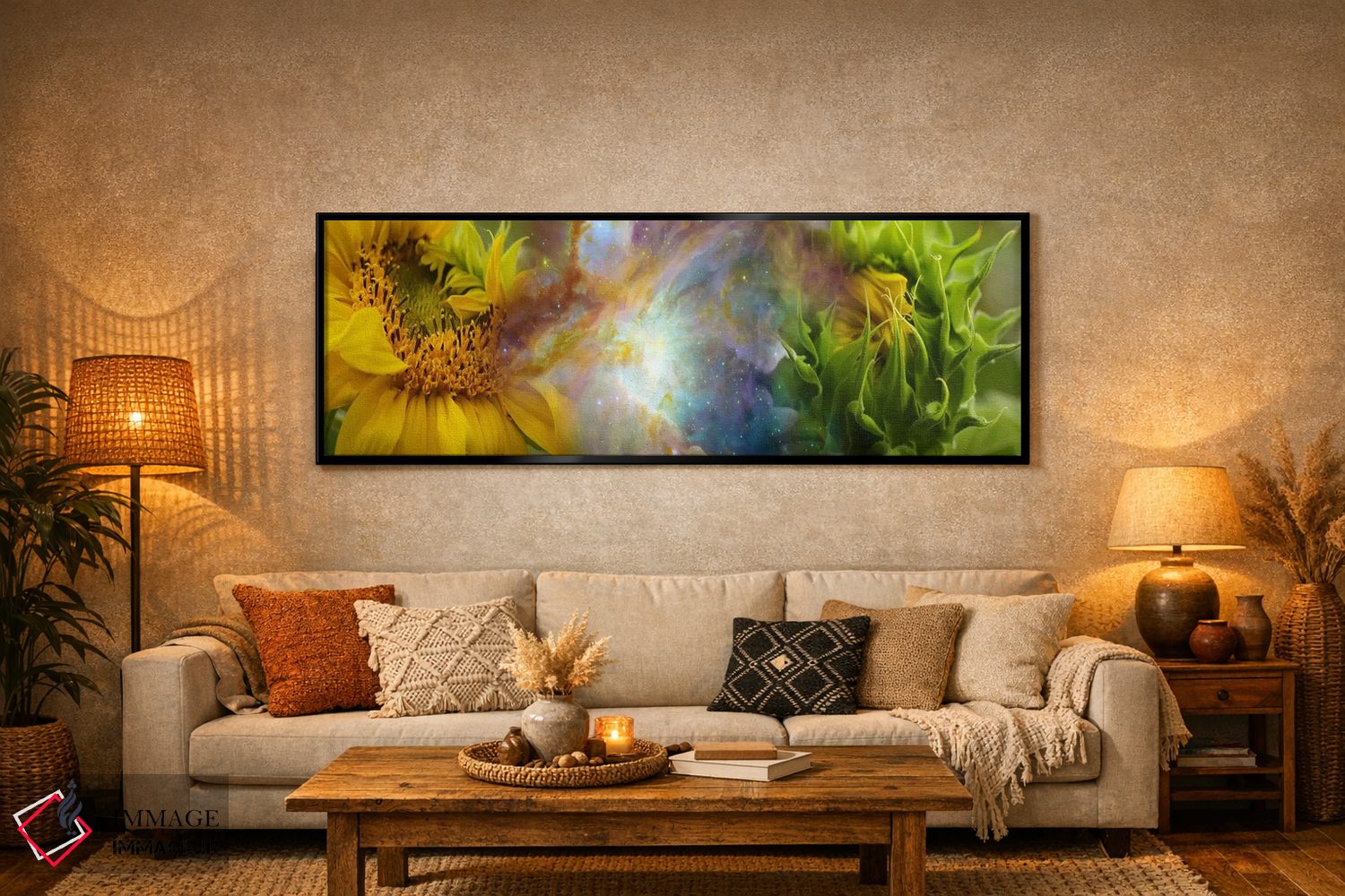 تابلو دکوراتیو دو گل آفتابگردان با سحابی گازی اثر پانورامیک ایمجز - D6B