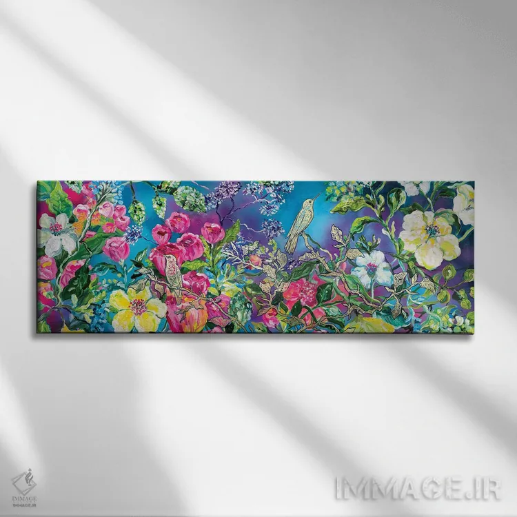 تابلو دکوراتیو مرغ های مگس خوار میان گل های رز اثر پائولینا تاپیا - نمای روبهرو روی دیوار