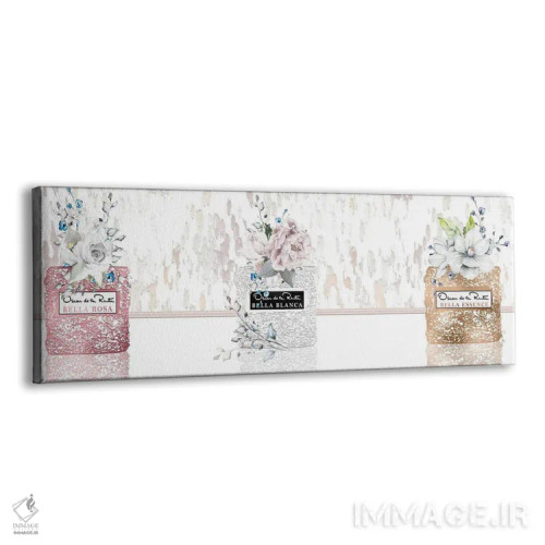 تابلو دکوراتیو سه تایی شیشه عطر سفید، رزگلد و برنز با گل رز و مگنولیا اثر پوماکای بارون - نمای پرسپکتیو محصول