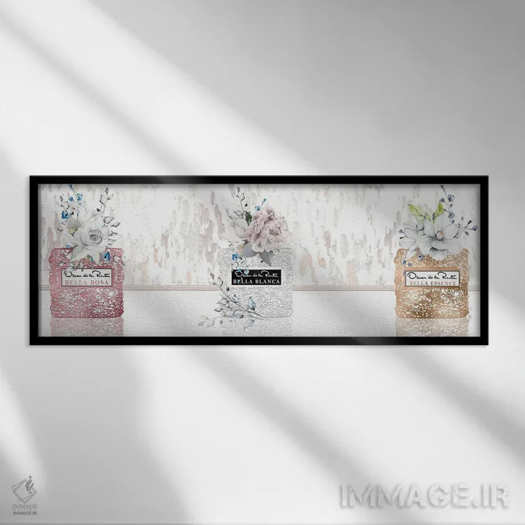 تابلو دکوراتیو سه تایی شیشه عطر سفید، رزگلد و برنز با گل رز و مگنولیا اثر پوماکای بارون - نمای قابدار مشکی