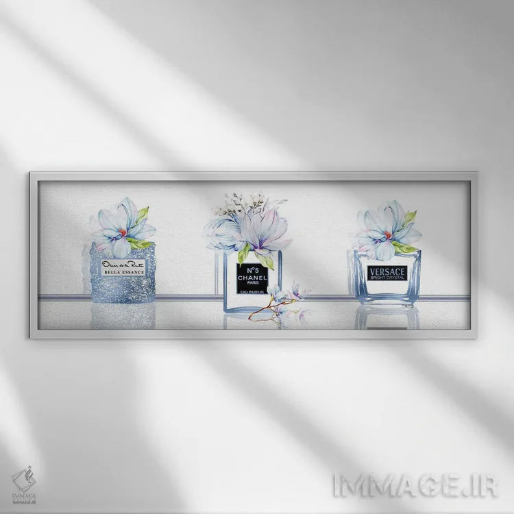 تابلو دکوراتیو سه تایی شیشه عطر آبی سلطنتی با مگنولیای دو رنگ اثر پوماکای بارون - نمای قابدار سفید