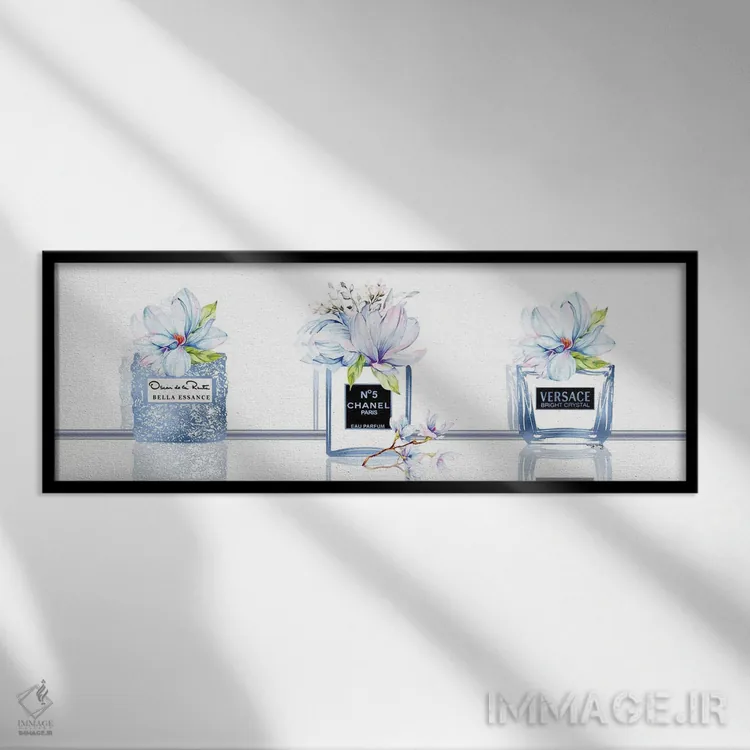 تابلو دکوراتیو سه تایی شیشه عطر آبی سلطنتی با مگنولیای دو رنگ اثر پوماکای بارون - نمای قابدار مشکی