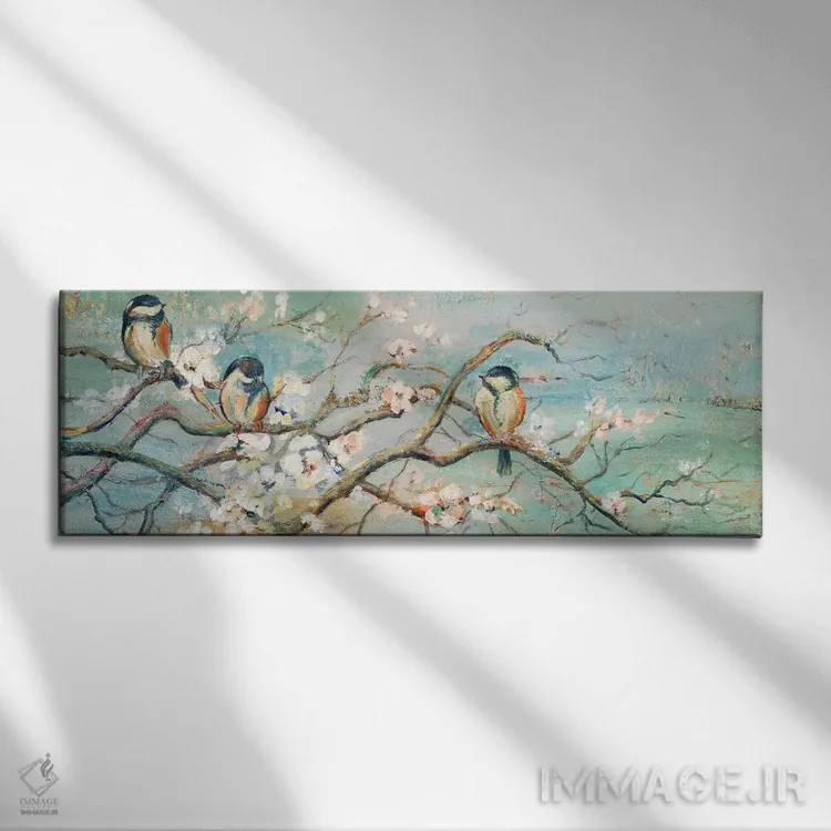 تابلو مدرن شاخه بهاری با پرندگان اثر پاتریشیا پینتو - نمای روبهرو روی دیوار