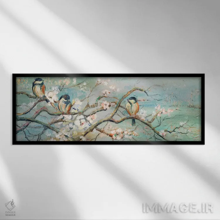 تابلو مدرن شاخه بهاری با پرندگان اثر پاتریشیا پینتو - نمای قابدار مشکی