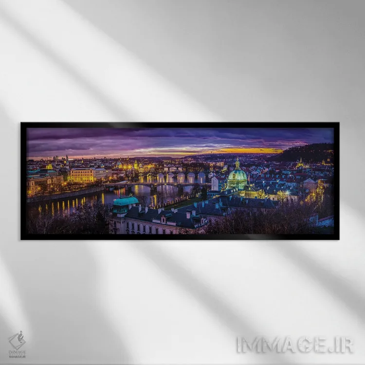 تابلو دکوراتیو پل های پراگ بر رودخانه در غروب، جمهوری چک اثر پل رومر - نمای قابدار مشکی