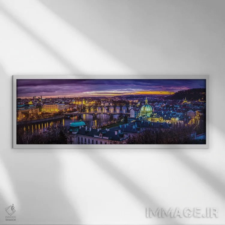 تابلو دکوراتیو پل های پراگ بر رودخانه در غروب، جمهوری چک اثر پل رومر - نمای قابدار سفید