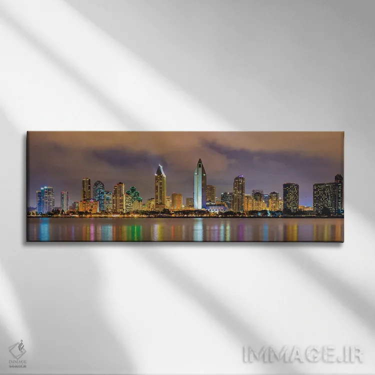 تابلو دکوراتیو مرکز شهر سن دیه گو در شب اثر پل رومر - نمای روبهرو روی دیوار