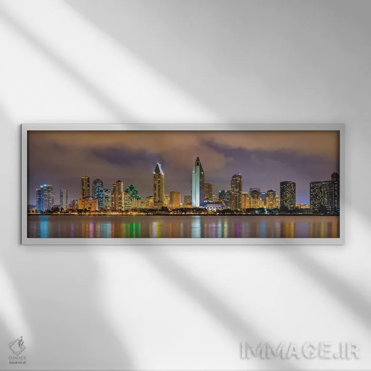 تابلو دکوراتیو مرکز شهر سن دیه گو در شب اثر پل رومر - نمای قابدار سفید