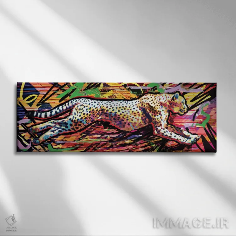 تابلو دکوراتیو یوزپلنگ با سرعت ۹۰ مایل بر ساعت اثر راک کروماتیک - نمای روبهرو روی دیوار