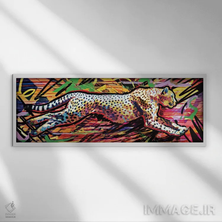 تابلو دکوراتیو یوزپلنگ با سرعت ۹۰ مایل بر ساعت اثر راک کروماتیک - نمای قابدار سفید