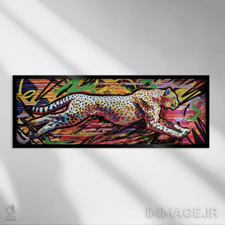 تابلو دکوراتیو یوزپلنگ با سرعت ۹۰ مایل بر ساعت اثر راک کروماتیک - نمای قابدار مشکی