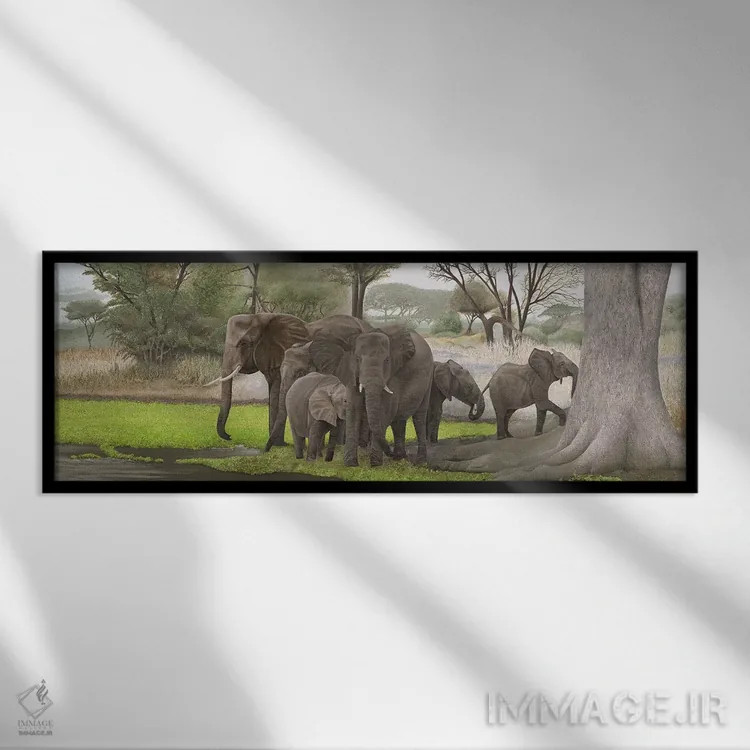 تابلو دکوراتیو فیل ها در سایه اثر راسل هینکلی - نمای قابدار مشکی