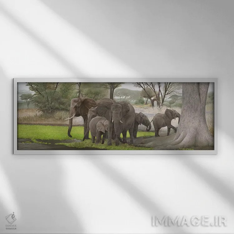 تابلو دکوراتیو فیل ها در سایه اثر راسل هینکلی - نمای قابدار سفید