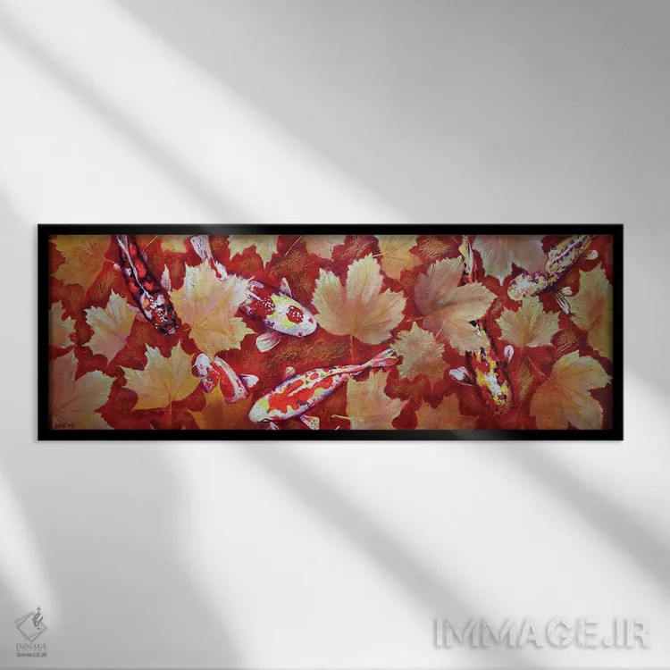 تابلو دکوراتیو برگ های زرد و ماهی کوی رنگارنگ در استخر با کف قرمز اثر راخمت ردژپوف - نمای قابدار مشکی