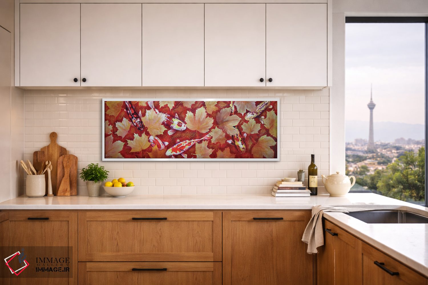 تابلو دکوراتیو برگ های زرد و ماهی کوی رنگارنگ در استخر با کف قرمز اثر راخمت ردژپوف - D2W