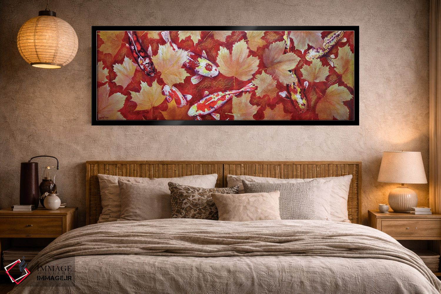 تابلو دکوراتیو برگ های زرد و ماهی کوی رنگارنگ در استخر با کف قرمز اثر راخمت ردژپوف - D4B