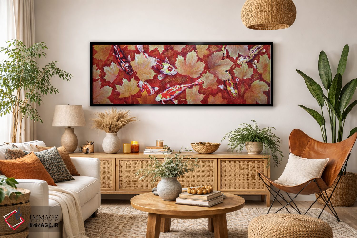 تابلو دکوراتیو برگ های زرد و ماهی کوی رنگارنگ در استخر با کف قرمز اثر راخمت ردژپوف - D3B