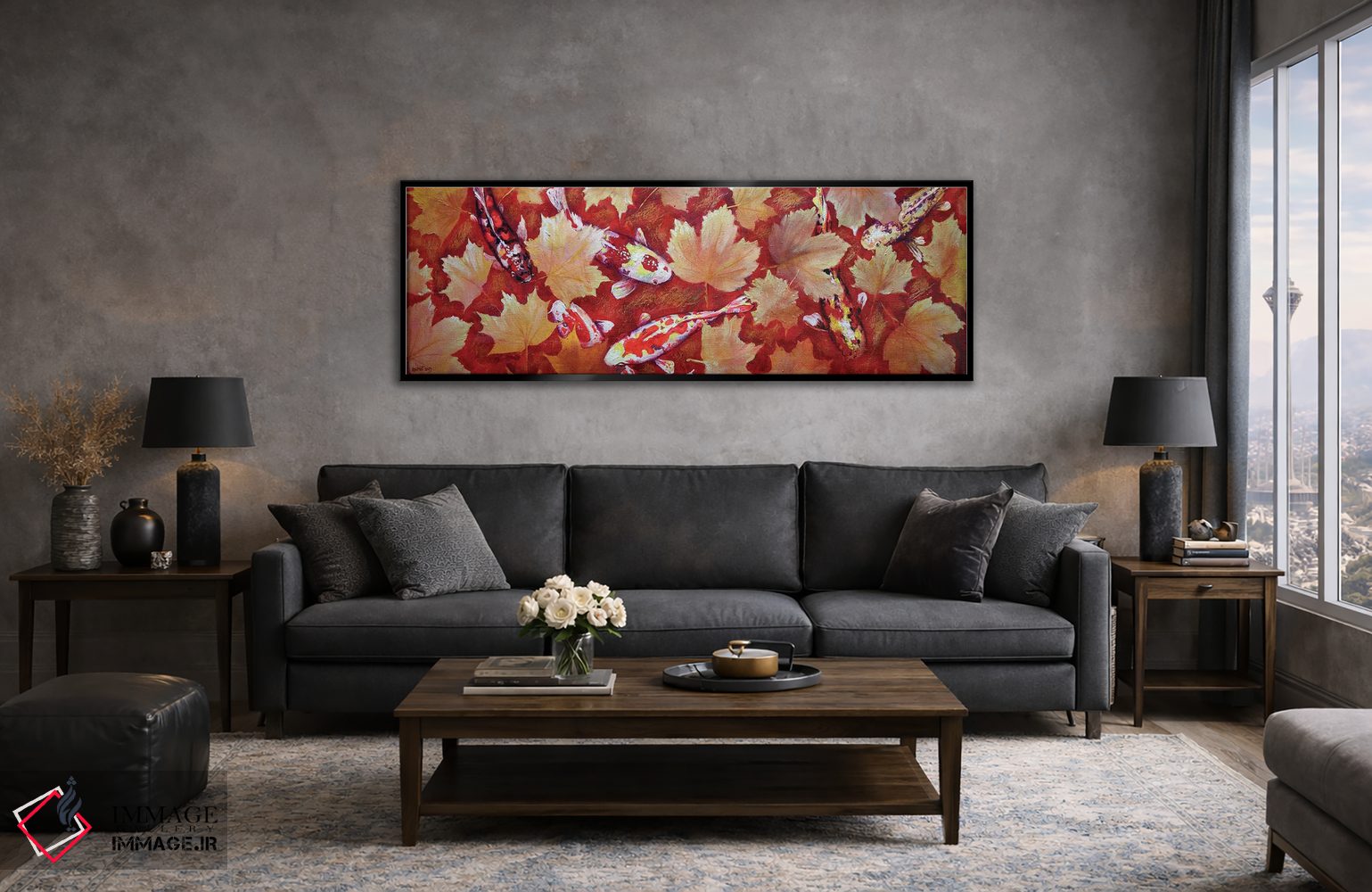 تابلو دکوراتیو برگ های زرد و ماهی کوی رنگارنگ در استخر با کف قرمز اثر راخمت ردژپوف - D5B