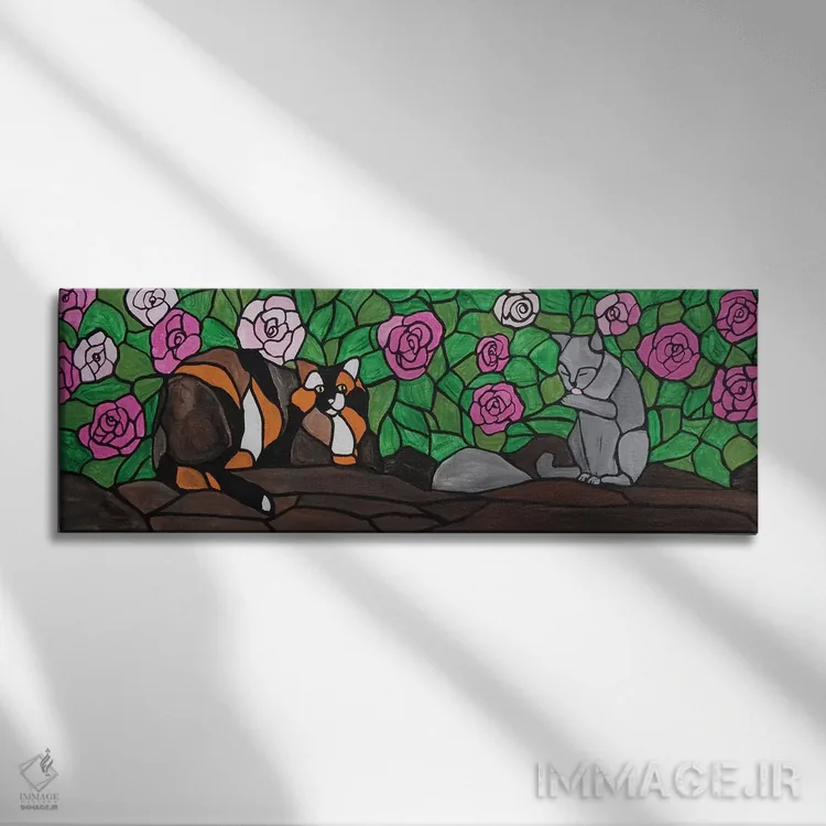 تابلو دکوراتیو گربه ها در حیاط اثر ریچل اولینوک - نمای روبهرو روی دیوار