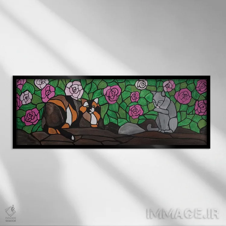 تابلو دکوراتیو گربه ها در حیاط اثر ریچل اولینوک - نمای قابدار مشکی