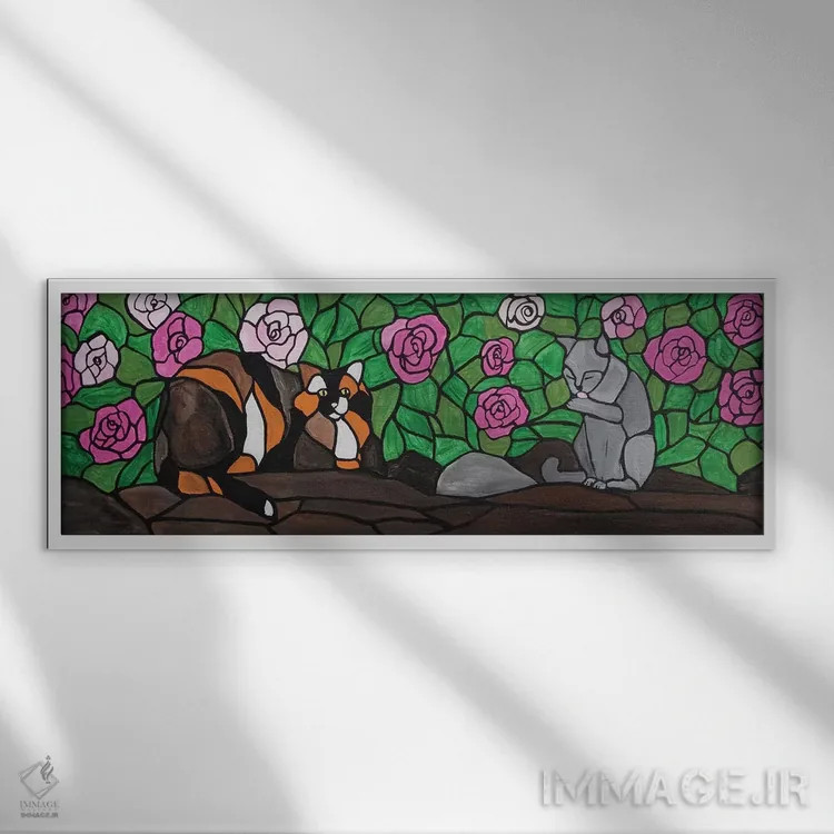 تابلو دکوراتیو گربه ها در حیاط اثر ریچل اولینوک - نمای قابدار سفید
