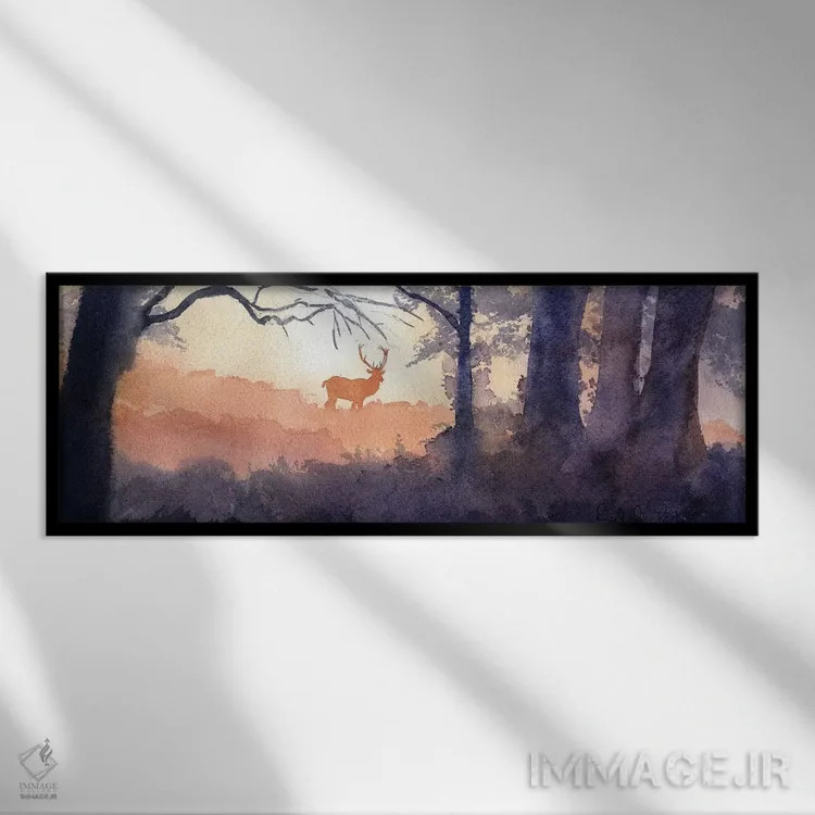 تابلو دکوراتیو گوزن جنگل صبحگاهی اثر ریچل پارکر - نمای قابدار مشکی