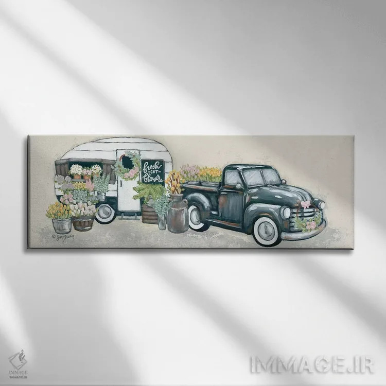 تابلو دکوراتیو کامیون و یدک کش گل کلاسیک اثر سارا بیکر - نمای روبهرو روی دیوار