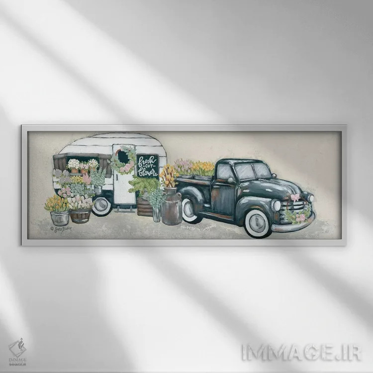 تابلو دکوراتیو کامیون و یدک کش گل کلاسیک اثر سارا بیکر - نمای قابدار سفید
