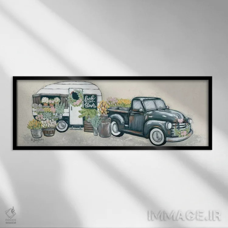 تابلو دکوراتیو کامیون و یدک کش گل کلاسیک اثر سارا بیکر - نمای قابدار مشکی