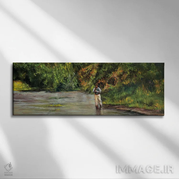 تابلو دکوراتیو صید ماهی در جویبار کوچک اثر شرلی کلیری - نمای روبهرو روی دیوار