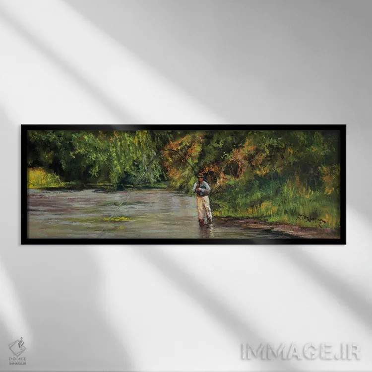 تابلو دکوراتیو صید ماهی در جویبار کوچک اثر شرلی کلیری - نمای قابدار مشکی