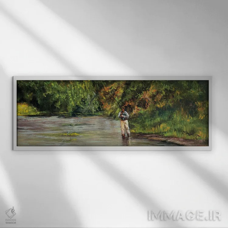 تابلو دکوراتیو صید ماهی در جویبار کوچک اثر شرلی کلیری - نمای قابدار سفید